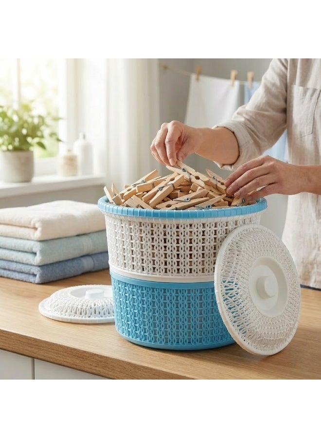 Round Plastic Clothespin & Storage Basket with Lid - Woven Design Multipurpose Organizer Bin for Laundry Accessories - Blue & White - Image 1